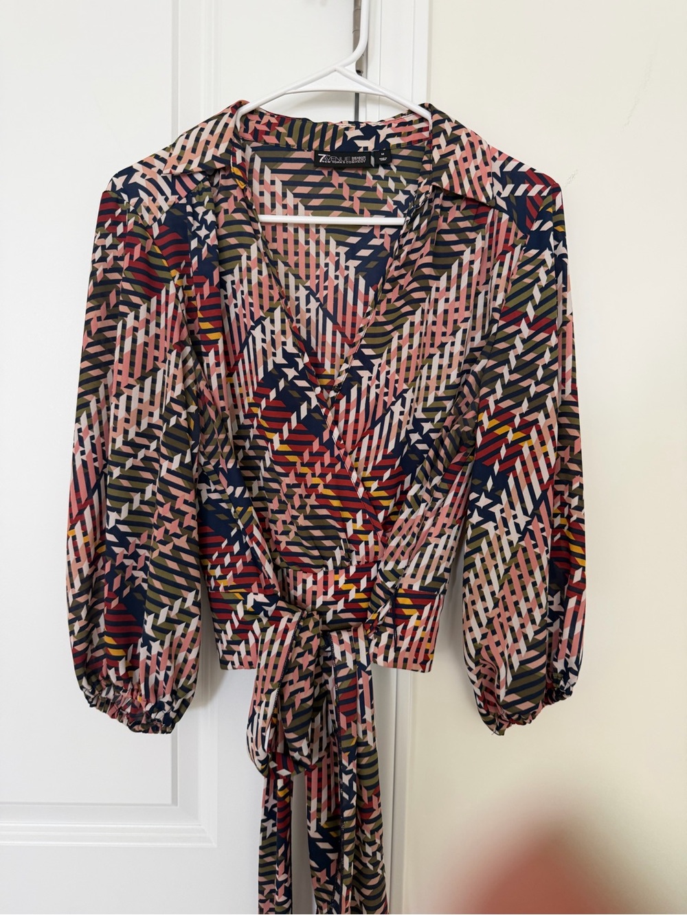 7th Avenue NY&Co Multicolor Wrap Blouse - Pink/Navy Print